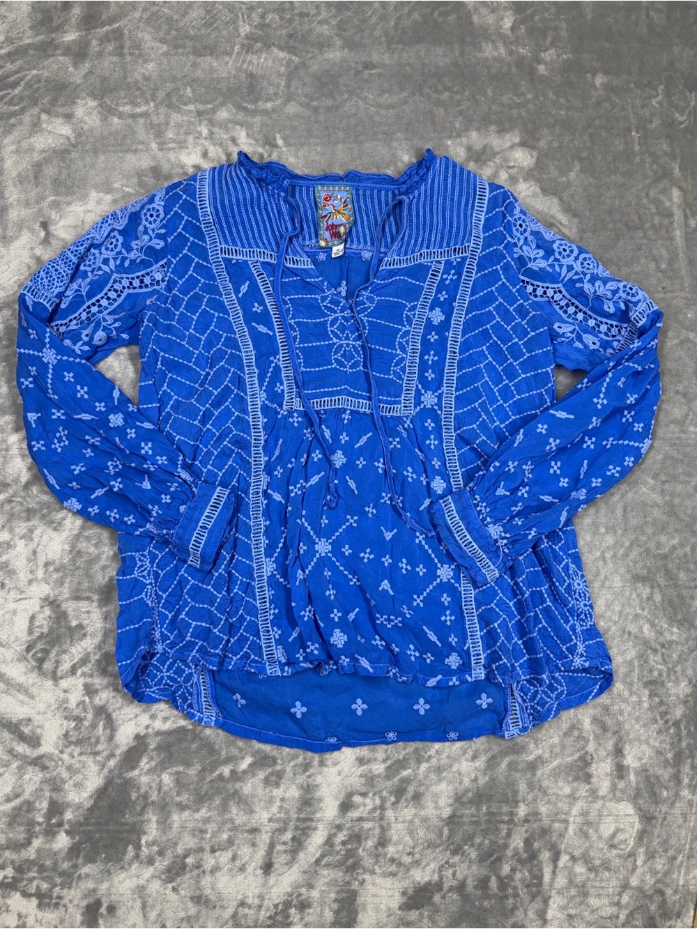 Johnny Was Cobalt Blue Embroidered Boho Peasant Blouse